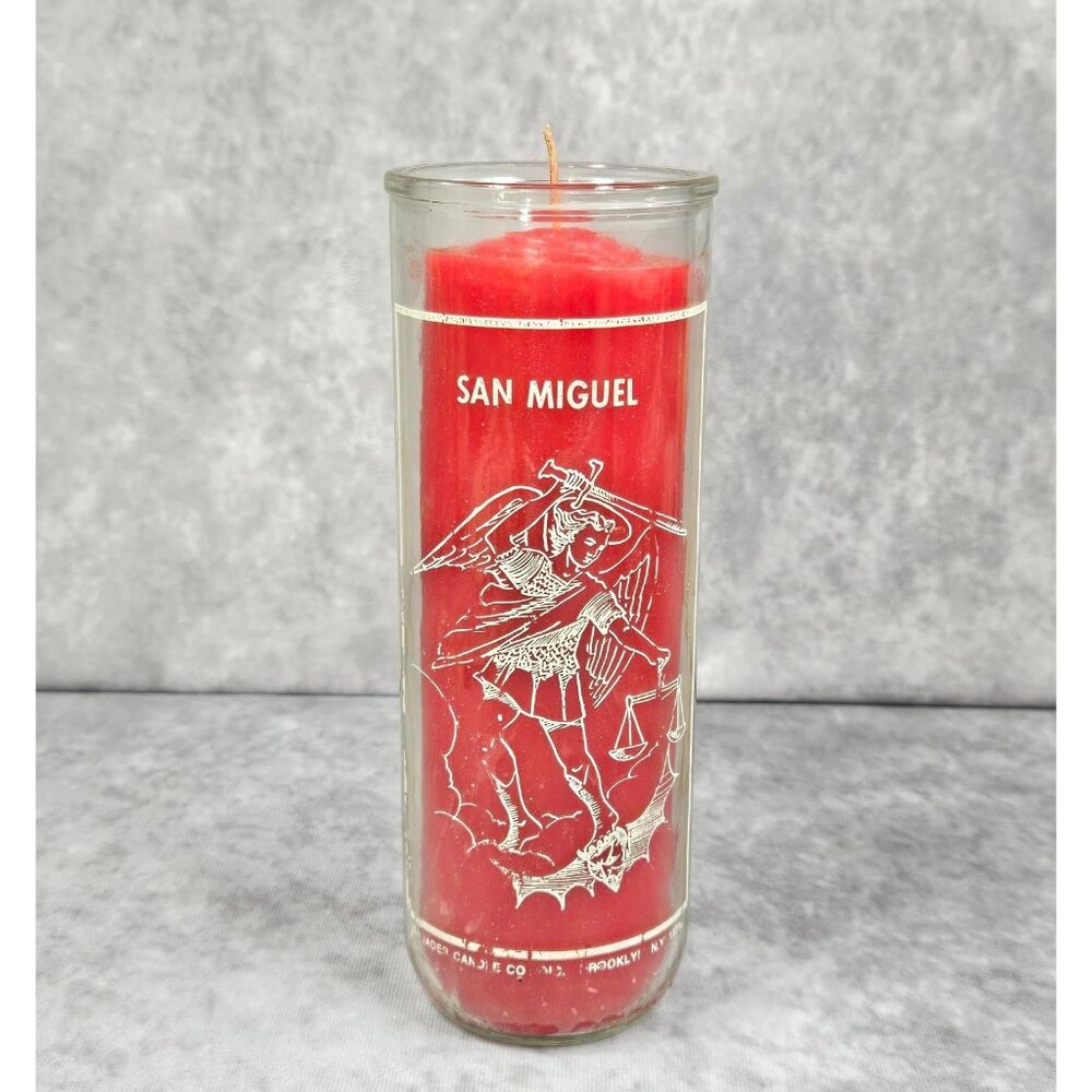 Prayer to Saint Michael Angel San Miguel Red Glass Candle Botanica Shamanic 8.5"